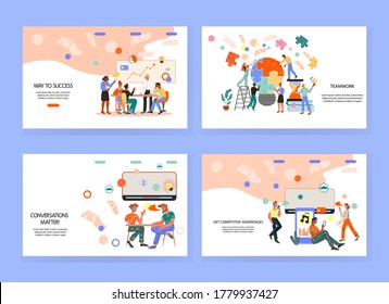 Set of website pages on business topic with people working successfully together. Marketing and teamwork, business strategy and analytics. Vector illustration concepts for site and mobile app.