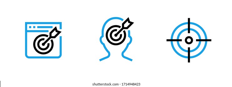 Set of Website, Personal Goal and Aim icons. Editable line vector. Stylized symbol of target in browser window, sign of human head, purpose with arrow in center, blue sniper sphere. Group pictogram.