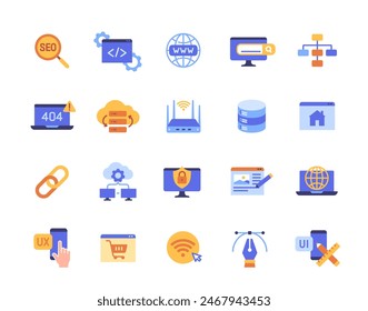 Conjunto de Sitios web relacionados con los iconos de colores. Signo brillante con servidor digital, Internet, página de inicio, hosting, Enlace y diseño de interfaz de usuario. Elementos para App. Colección de Vector plana de dibujos animados aislada sobre fondo blanco