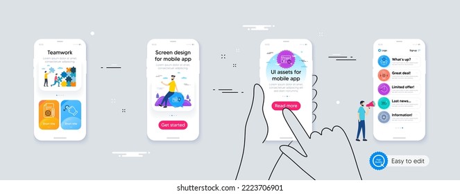 Set of Website search, Drag drop and Loyalty program line icons. Phone ui interface. Include Speaker, Cooking timer, 360 degrees icons. Cyber attack, Documentation, Education idea web elements. Vector