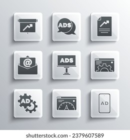 Set Website statistic, Advertising, Browser setting, Mail and e-mail, Board with graph chart and Document icon. Vector
