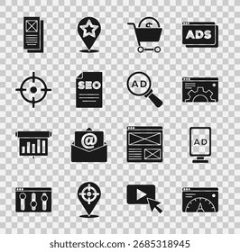 Set Website statistic, Advertising, Browser setting, Shopping cart and dollar, SEO optimization, Target sport, window and  icon. Vector
