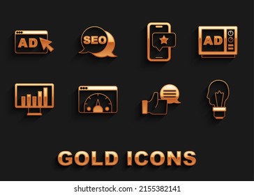 Stellen Sie die Website-Statistik, Werbung, Glühbirne mit dem Konzept der Idee, die Bewertung der Produkte des Kunden, Monitor Diagramm, Mobile Review und SEO-Optimierung Symbol ein. Vektorgrafik