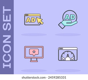Set Website statistic, Advertising, Monitor with star and  icon. Vector
