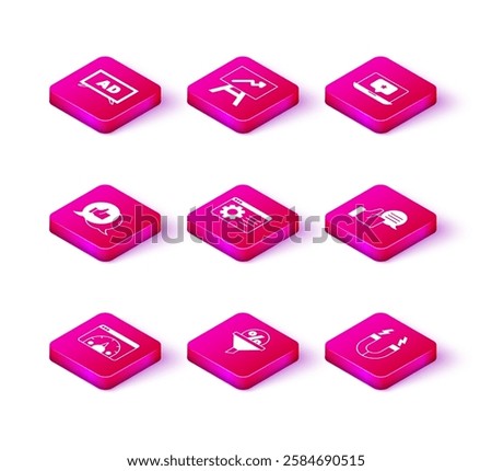 Set Website statistic, Lead management, Customer product rating, Browser setting, Magnet, Laptop with star and Board graph chart icon. Vector