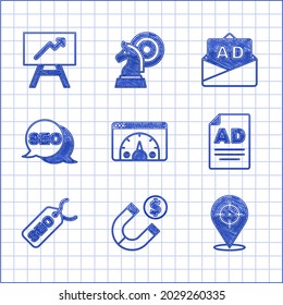 Establecer estadísticas del sitio web, imán con dinero, objetivo, publicidad, optimización de SEO e icono del gráfico del gráfico del tablero. Vector