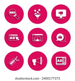 Set Website statistic, Megaphone, Advertising, Customer product rating, SEO optimization, Dislike speech bubble and  icon. Vector