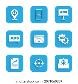 Establecer estadísticas del sitio web, deportes de destino, correo y correo electrónico, publicidad, documento con gráfico gráfico gráfico e icono. Vector