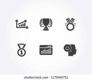 Set of Website statistics, Best rank and Honor icons. Chart, Winner and Good mood signs. Data analysis, Success medal, Medal. Presentation chart, Sports achievement, Positive thinking. Vector
