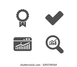 Set of Website statistics, Reward and Tick icons. Data analysis sign. Data analysis, Best medal, Confirm check. Magnifying glass.  Quality design elements. Classic style. Vector