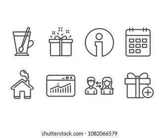 Set of Website statistics, Tea mug and Special offer icons. Calendar, People communication and Add gift signs. Data analysis, Cup with teaspoon, Delivery box. Vector