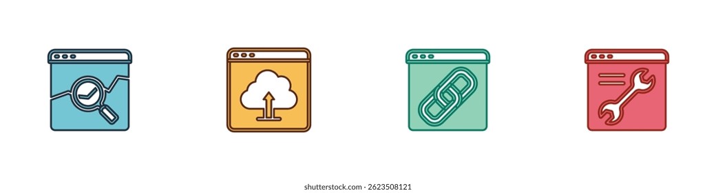 Set Website with stocks market, Cloud upload, Browser window and setting icon. Vector