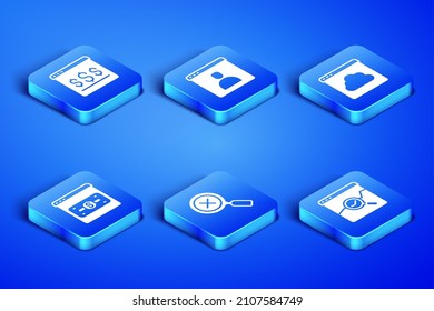 Set Website with stocks market, Online shopping on screen, Magnifying glass and delete, Create account and Cloud technology data transfer icon. Vector