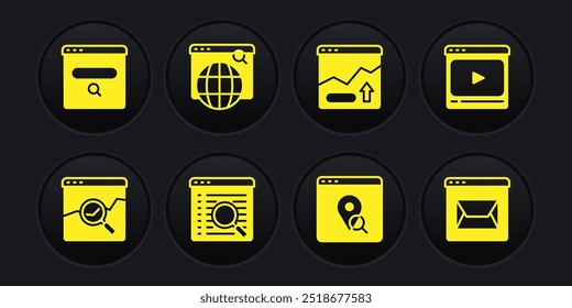 Set Website with stocks market, Online play video, Search engine, Infographic of city map, Financial growth increase, and mail and  icon. Vector