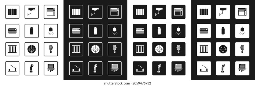 Establecer plantilla de sitio web, Bullet, tarjeta de crédito, madera de valla de jardín, campana de alarma de sonido, cámara de seguridad, llave de coche con icono de ventana remota y de prisión. Vector
