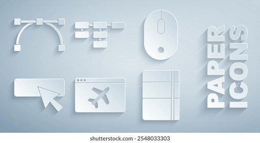 Set Website template, Computer mouse, UI or UX design, Sketchbook album, Site map and Bezier curve icon. Vector