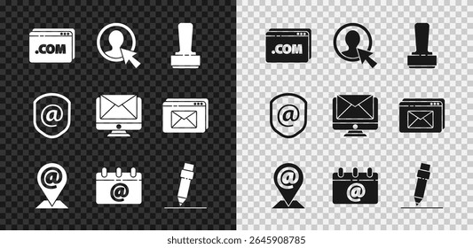 Definir modelo do site, tela Criar conta, Carimbo, Localização e e-mail e e-mail, Calendário com e-mail, Lápis borracha, Escudo e Monitor ícone de envelope. Vetor
