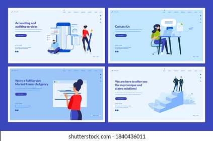 Set of website template designs of accounting and auditing, market research, consulting, contact us page. Vector illustration concepts for website and mobile website development. 