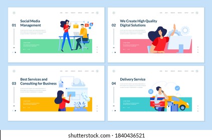 Set of website template designs of social media management, project development, business consulting, delivery service. Vector illustration concepts for website and mobile website development. 