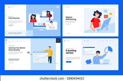 Set of website template designs of video meeting, digital marketing, data analysis, e-banking. Vector illustration concepts for website and mobile website development. 