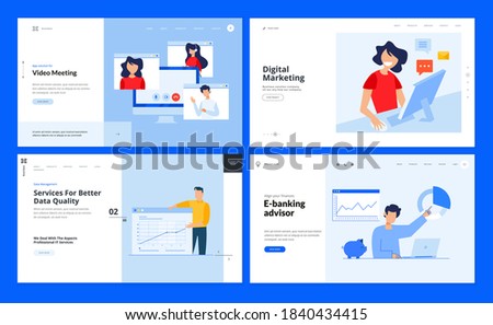Set of website template designs of video meeting, digital marketing, data analysis, e-banking. Vector illustration concepts for website and mobile website development. 