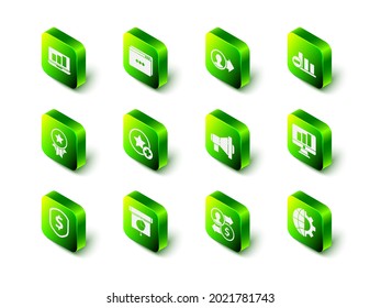 Set Website template, Job promotion, Pie chart infographic, Monitor with, Globe of the Earth and gear, Megaphone, exchange money and Graph, chart, diagram, icon. Vector