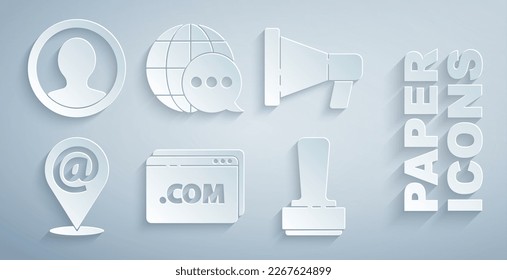 Set Website template, Megaphone, Location and mail and e-mail, Stamp, World map made from speech bubble and Create account screen icon. Vector