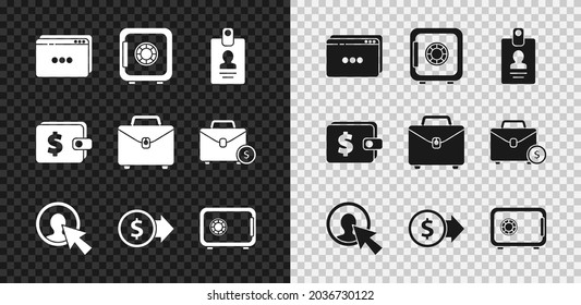 Set Website template, Safe, Identification badge, User of man in business suit, Coin money with dollar, Wallet and Briefcase icon. Vector