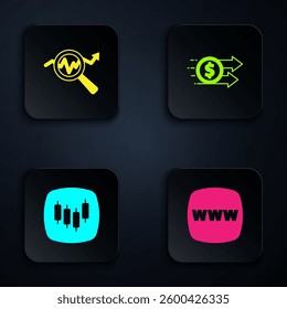 Set Website template, Search data analysis, Browser with stocks market and Financial growth dollar. Black square button. Vector