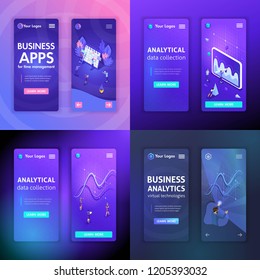 Set of Website templates, for business technologies, analytics, apps, time management. Vector illustration concepts for website and mobile