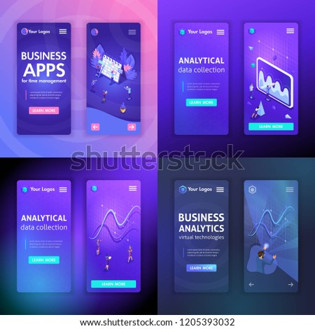 Set of Website templates, for business technologies, analytics, apps, time management. Vector illustration concepts for website and mobile