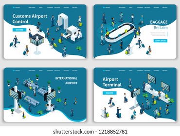 Set Of Website Templates, Concept Airport, Lounge, Baggage Claim, Terminal, Passengers. Vector Illustration Concepts For Website.