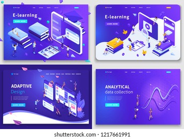 Set of Website templates, Concept for business technologies, data analysis, e-learning, adaptive design. Vector illustration concepts for website.