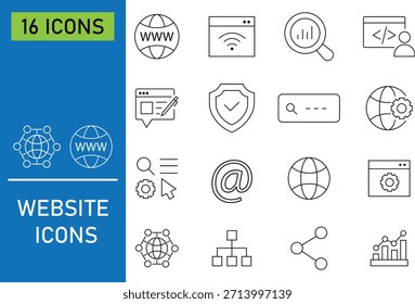 Satz von Website-Dünnlinien-Symbolen. Zeitplan und Arbeitszeit. Enthaltend digitales Marketing, Nachricht, Telefon, Datenanalyse, Management, Kontakt, Kommunikation, Gerät und mehr. Vektorgrafik.