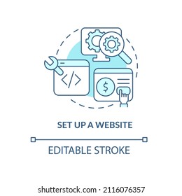 Configurar el icono de concepto turquesa del sitio web. Sitio para ventas. Cómo empezar a exportar la idea abstracta de negocio de la ilustración de línea delgada. Dibujo de contorno aislado. Trazo editable. Fuentes Arial, Myriad Pro-Bold utilizadas
