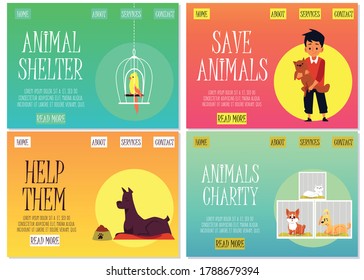 Set of websites of animal shelter and charity with characters of people and pets, flat vector illustration. Landing page for volunteering and funding of animal shelter.