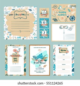 Set mit Hochzeitszubehör, Brautduschplakat. Datumskarte speichern. Menü mit Blume.