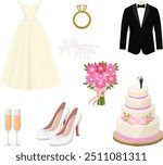  Set of wedding accessories, decorations. Cake with flowers,  bouquet, and groom, bride dolls, engagement ring, dress, suit, glasses of champagne, bridesmaid shoes. Vector illustration