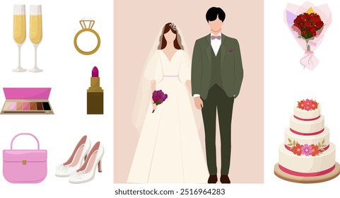 Conjunto de accesorios de boda, decoraciones. Guardar Celebrar el matrimonio, la ceremonia de la fecha. Pastel, anillos de novia, vasos de champán, zapatos de dama de honor, bolso, lápiz labial, cosméticos, ramo. ilustrador de Vector