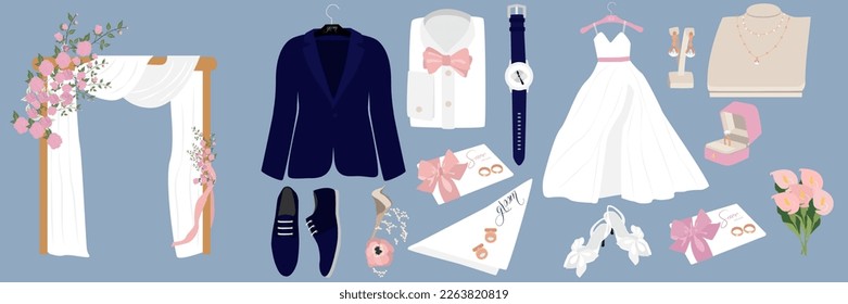 Set of wedding accessories and decorations. Wedding accessories and clothes for groom and bride. Groom suit, bride dress, shoes, rings and flower bouquet for classic wedding ceremony