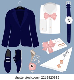 Set of wedding accessories and decorations. Elements of wedding ceremony isolated. Wedding accessories and clothes for groom. Groom suit, shoes, rings and flower bouquet for classic wedding ceremony