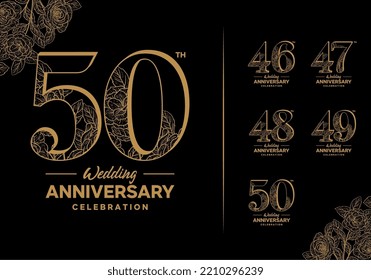 set of wedding anniversary celebration icon logos decorated with gold color flowers on black background, 46, 47, 48, 49, 50