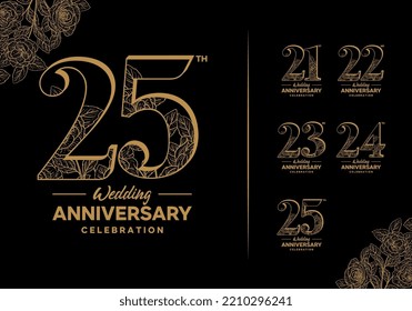 set of wedding anniversary celebration icon logos decorated with gold color flowers on black background, 21, 22, 23, 24, 25