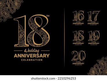 set of wedding anniversary celebration icon logos decorated with gold color flowers on black background, 16, 17, 18, 19, 20