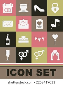 Set Wedding arch, Balloons form of heart, Music note, Woman shoe, Greeting card, Envelope with Valentine, Calendar and  icon. Vector