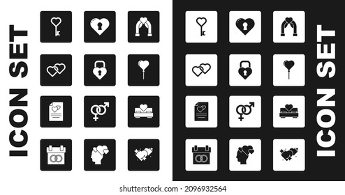 Set Wedding arch, Castle the shape of heart, Two Linked Hearts, Key, Balloons form, with keyhole, Bedroom and Greeting card icon. Vector