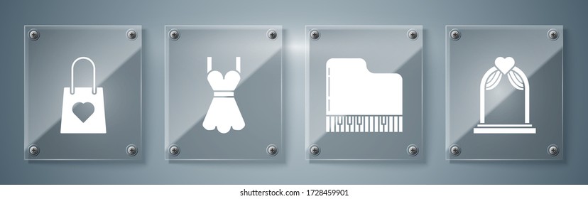 Set Wedding arch, Grand piano, Woman dress and Shopping bag with heart. Square glass panels. Vector