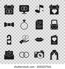 Set Wedding arch, Greeting card, Lock and heart, Music note, Diamond engagement ring, Bow tie, Calendar and  icon. Vector