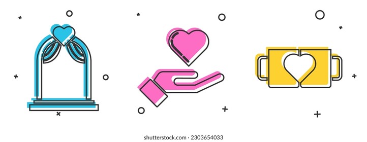 Establecer arco de bodas, corazón en la mano y dos taza de café e icono del corazón. Vector