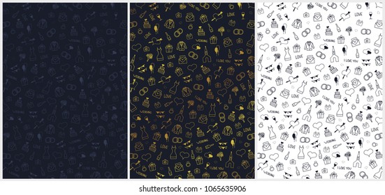 Set of Wedding Backgrounds with hand draw doodle elements. Vector Illustration